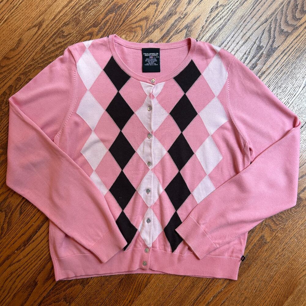 Polo Jeans Co Ralph Lauren Pink Blue White Argyle Cardigan Sweater Y2K XL